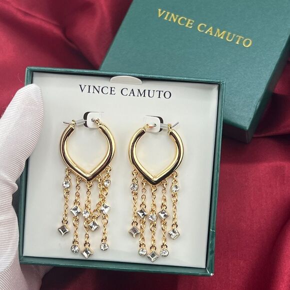 Vince Camuto Gold Hoop Earrings with Rhinestone Dangling Chains - Picture 3 of 5